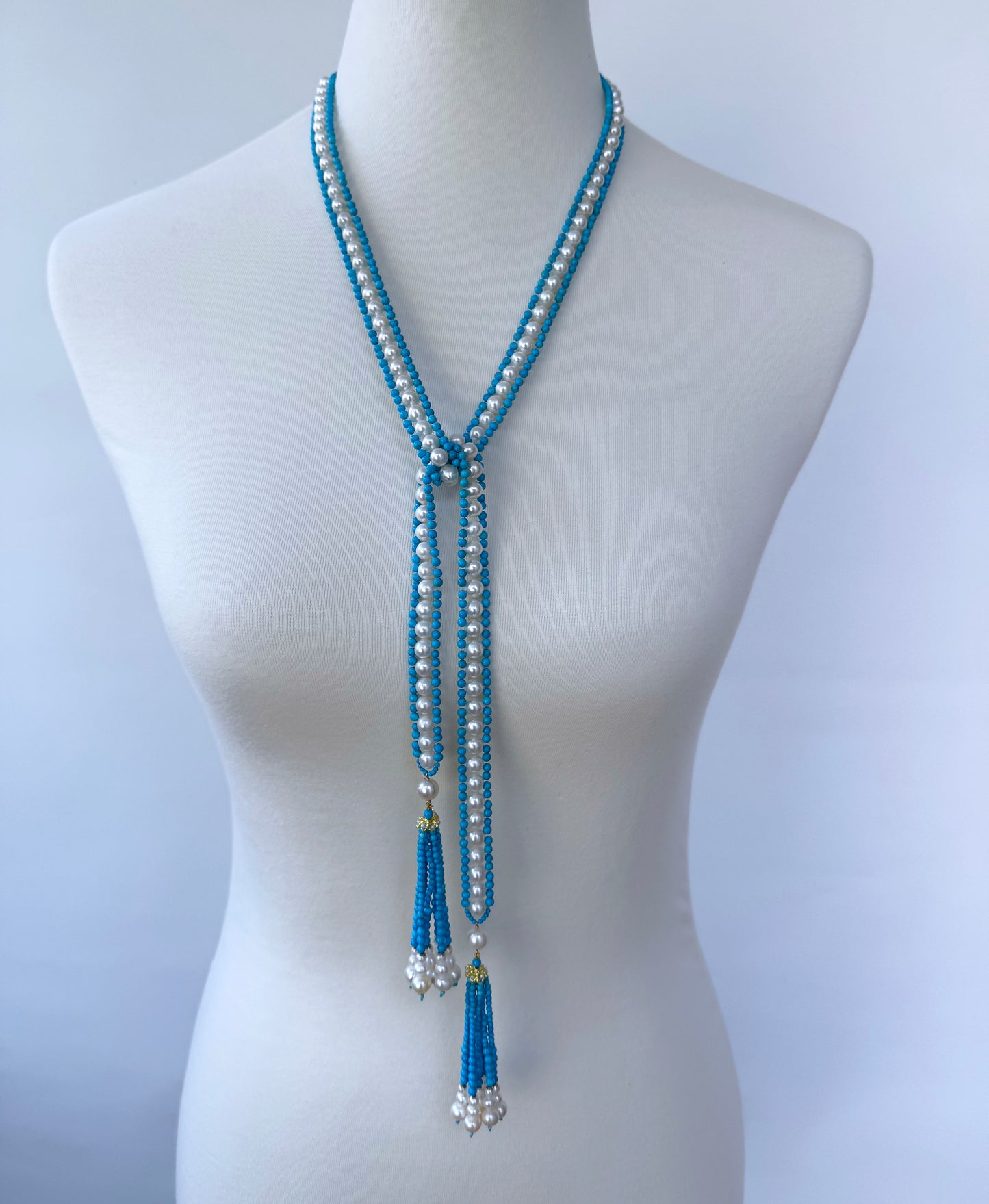 Turquoise, Pearl & Solid 14k Yellow Gold Sautoir with Graduated Tassels