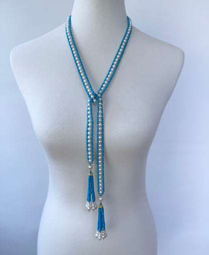 Turquoise, Pearl & Solid 14k Yellow Gold Sautoir with Graduated Tassels