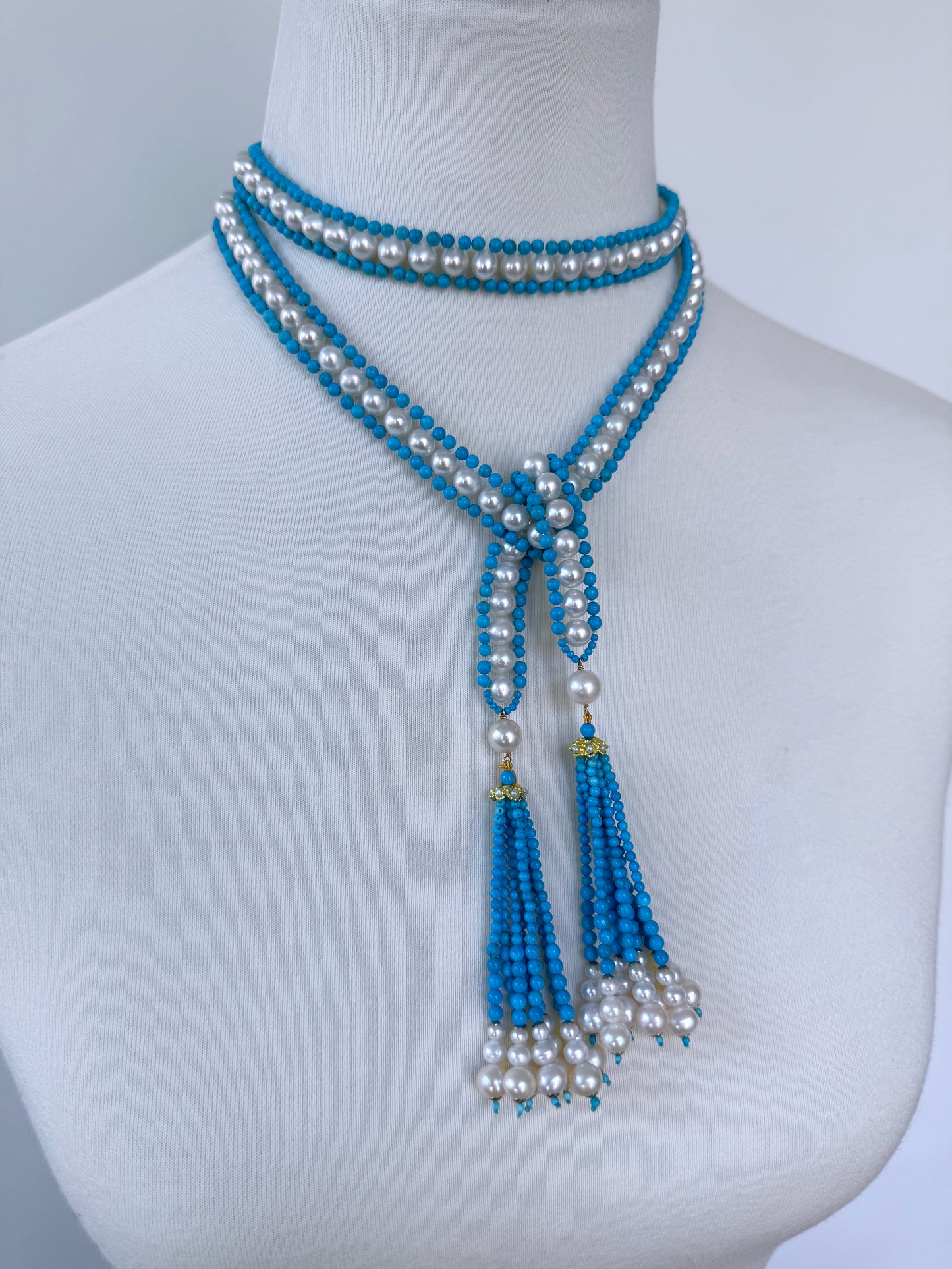 Turquoise, Pearl & Solid 14k Yellow Gold Sautoir with Graduated Tassels