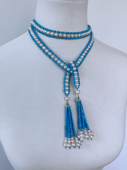 Turquoise, Pearl & Solid 14k Yellow Gold Sautoir with Graduated Tassels