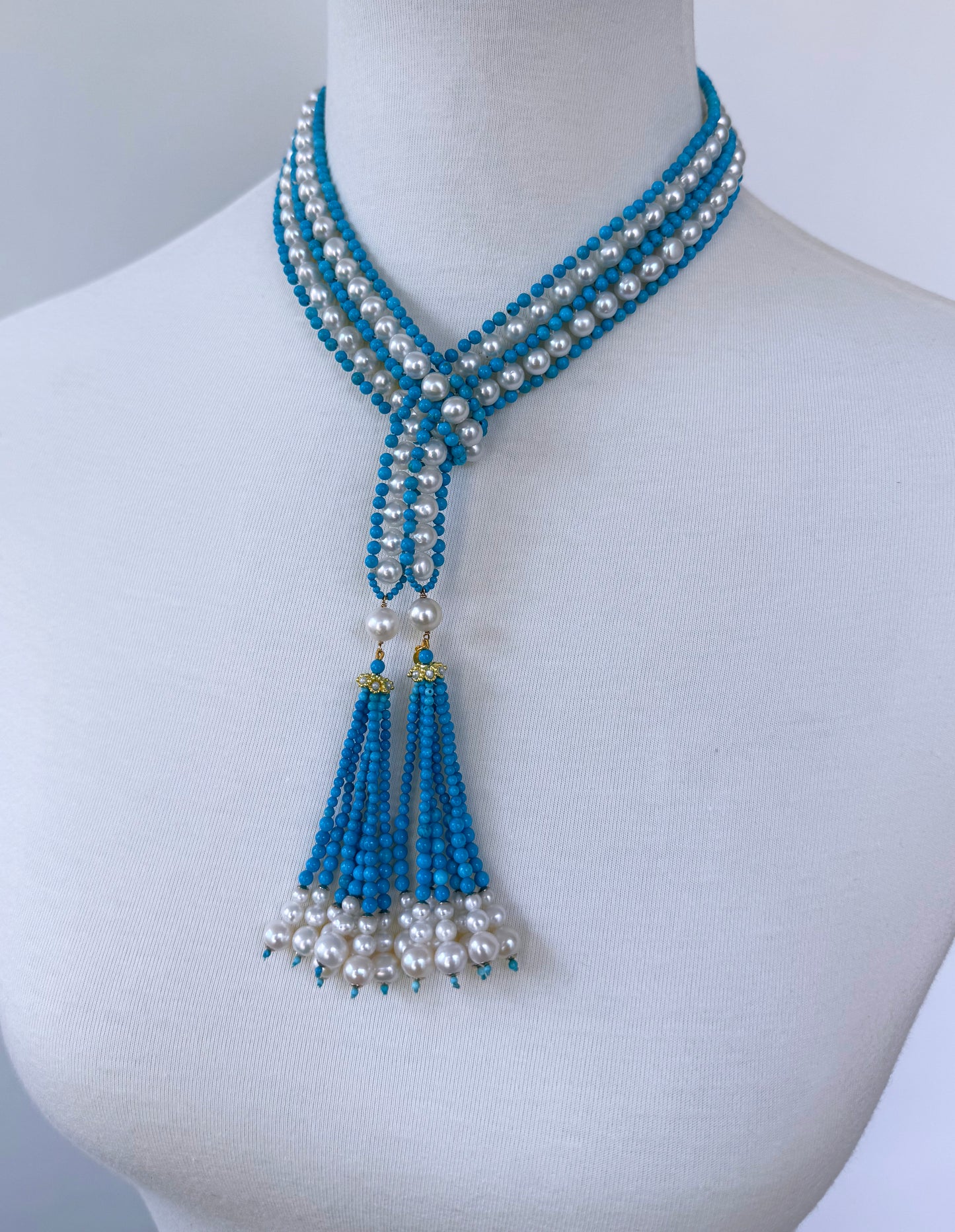 Turquoise, Pearl & Solid 14k Yellow Gold Sautoir with Graduated Tassels