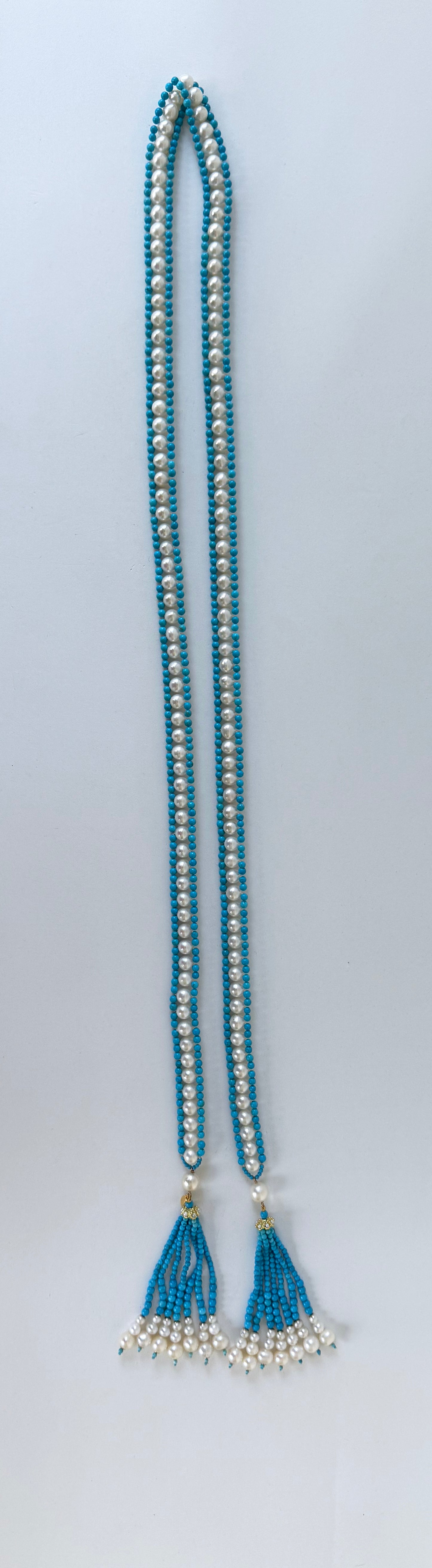 Turquoise, Pearl & Solid 14k Yellow Gold Sautoir with Graduated Tassels