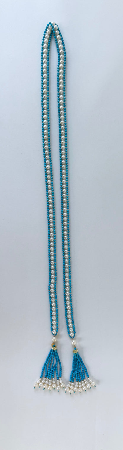 Turquoise, Pearl & Solid 14k Yellow Gold Sautoir with Graduated Tassels