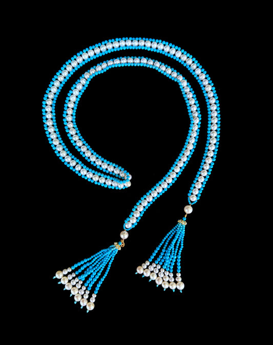 Turquoise, Pearl & Solid 14k Yellow Gold Sautoir with Graduated Tassels