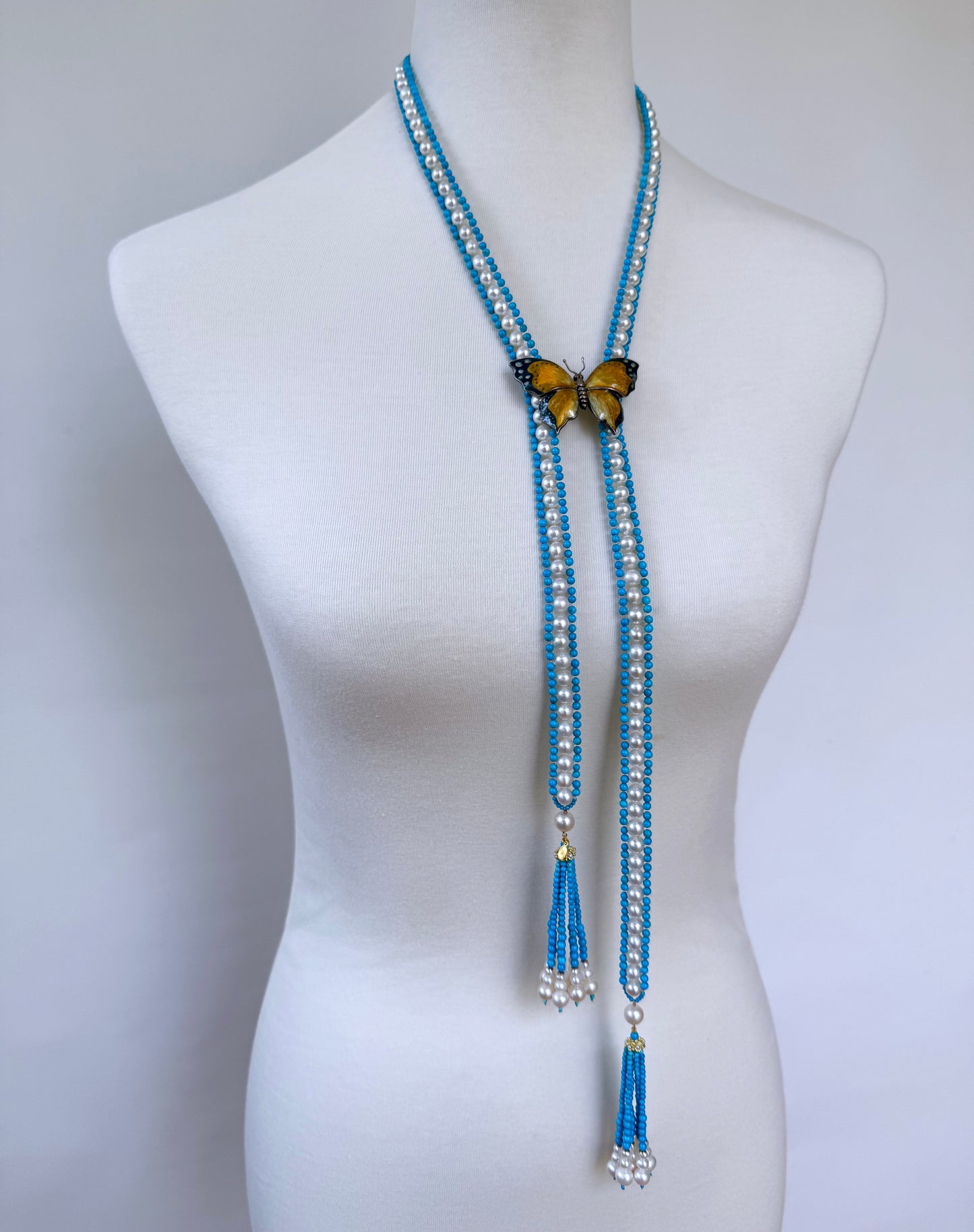 Turquoise, Pearl & Solid 14k Yellow Gold Sautoir with Graduated Tassels