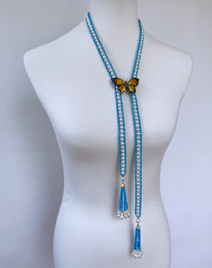 Turquoise, Pearl & Solid 14k Yellow Gold Sautoir with Graduated Tassels