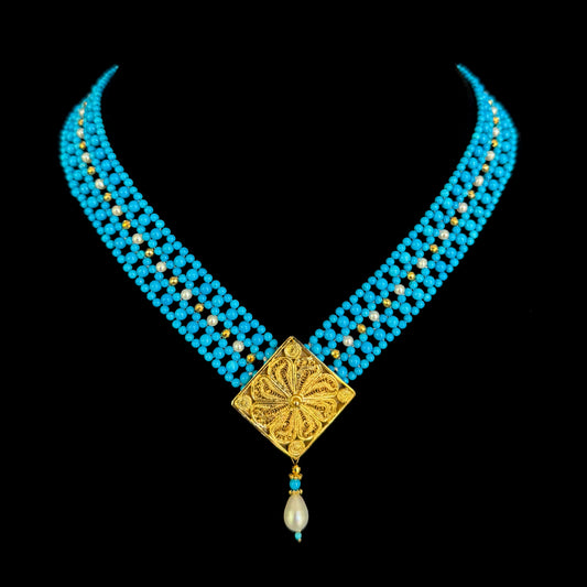 Turquoise & Pearl Adjustable Woven Necklace with Filigree Gold Clasp