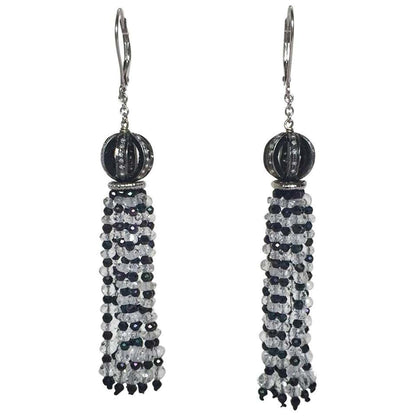 Diamond Encrusted Lever Back Earrings with Quartz and Black Spinel Tassels