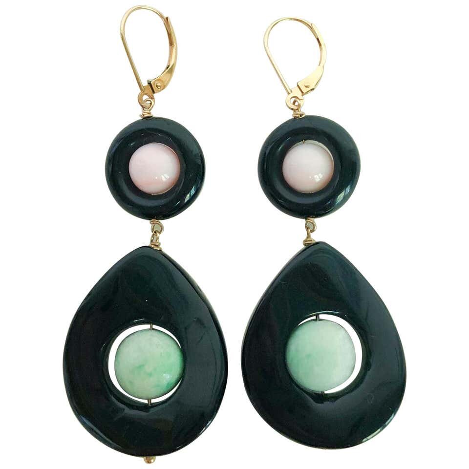 Pink Coral Onyx, and Jade Drop Earrings with 14 Karat Gold Lever-backs