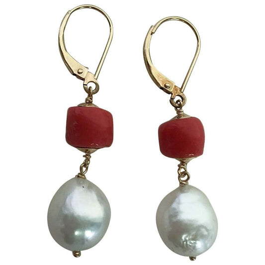 Coral and White Pearl Drop Earrings with 14 Karat Gold Lever-Backs
