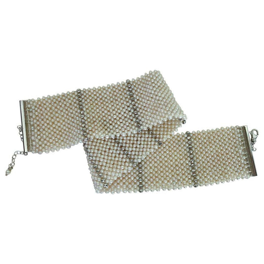 Marina J. Wide Woven Pearl Choker with Silver Beads and Adjustable Clasp