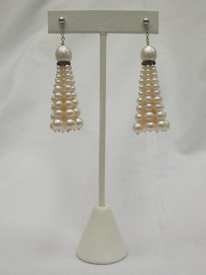 Graduated Cultured Pearl Diamond Silver Gold Tassel Earrings