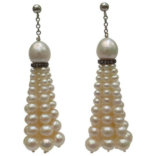 Graduated Cultured Pearl Diamond Silver Gold Tassel Earrings