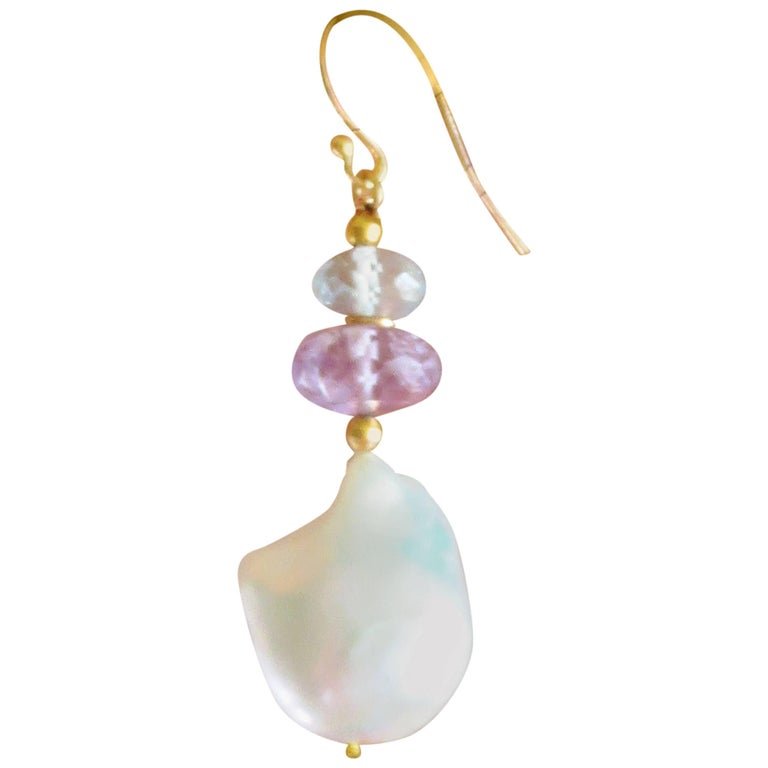 Aquamarine Amethyst Roundels with Baroque Pearl Earrings and Gold Hook