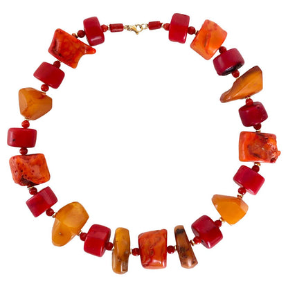 Coral, Amber and 14K Yellow Gold Necklace