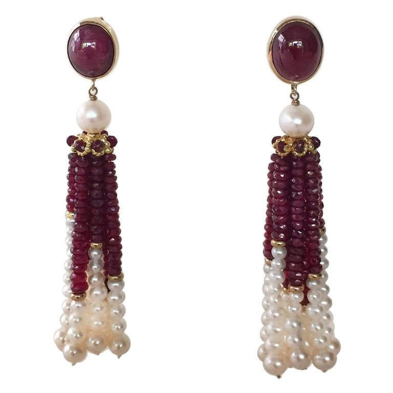 White Pearl and Ruby Graduated Tassel Earrings with 14k Yellow Gold