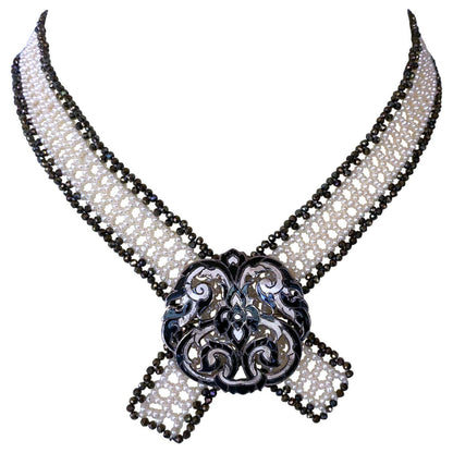 Woven White Pearl & Black Spinel Collar Necklace with Sliding Clasp & Brooch