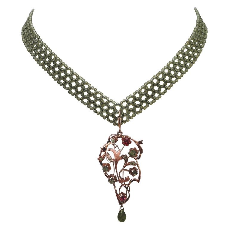 Woven Peridot Bead Necklace with Removable Pendant of Ruby, Peridot and Gold