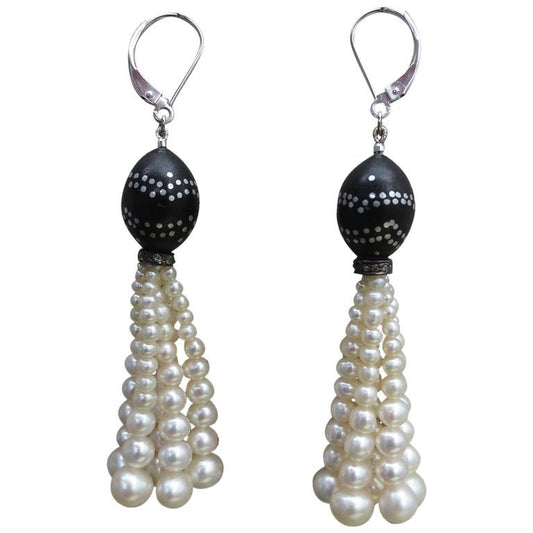 Graduated Pearl Tassel Earrings & Silver Inlay on Vintage Wooden Beads