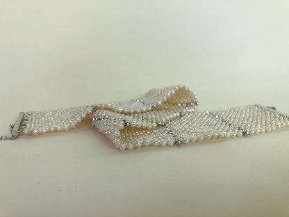 Marina J. Wide Woven Pearl Choker with Silver Beads and Adjustable Clasp