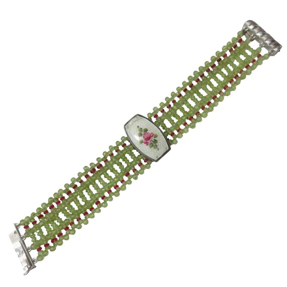 Woven Peridot, Ruby, Silver Bracelet With Vintage Enamel Centerpiece