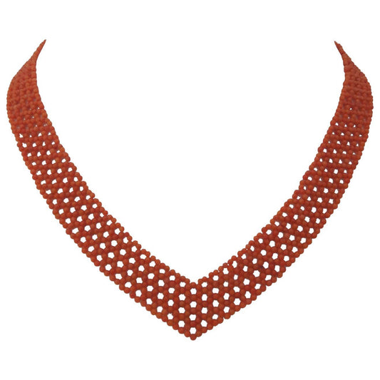 Woven "V Necklace" with Red-Orange Coral and Sliding Clasp