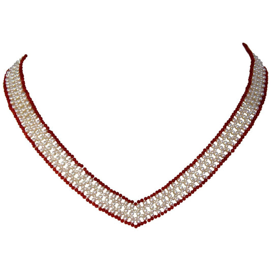 White Pearls and Red Coral Beads V Shape Necklace with 14 k yellow gold