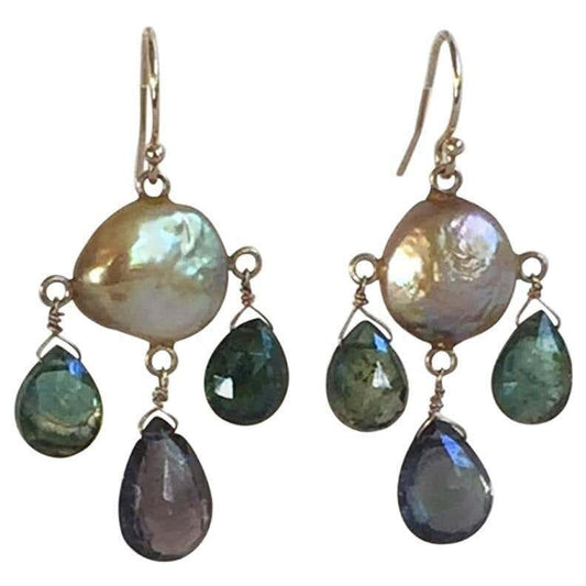 Marina J Green Tourmaline Drop and Coin Pearl Earrings with 14K Gold Hooks