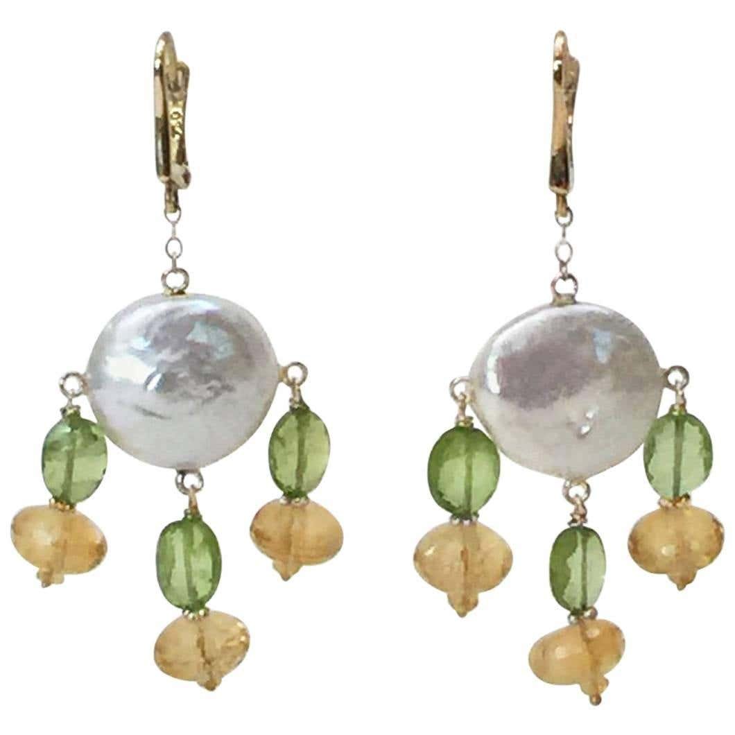 Critrine & Peridot Pearl Earrings with 14 Karat Yellow Gold Lever Back