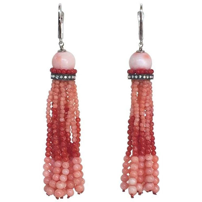 Two Tone Red Coral Tassel Earrings with Diamonds and 14 K White Gold
