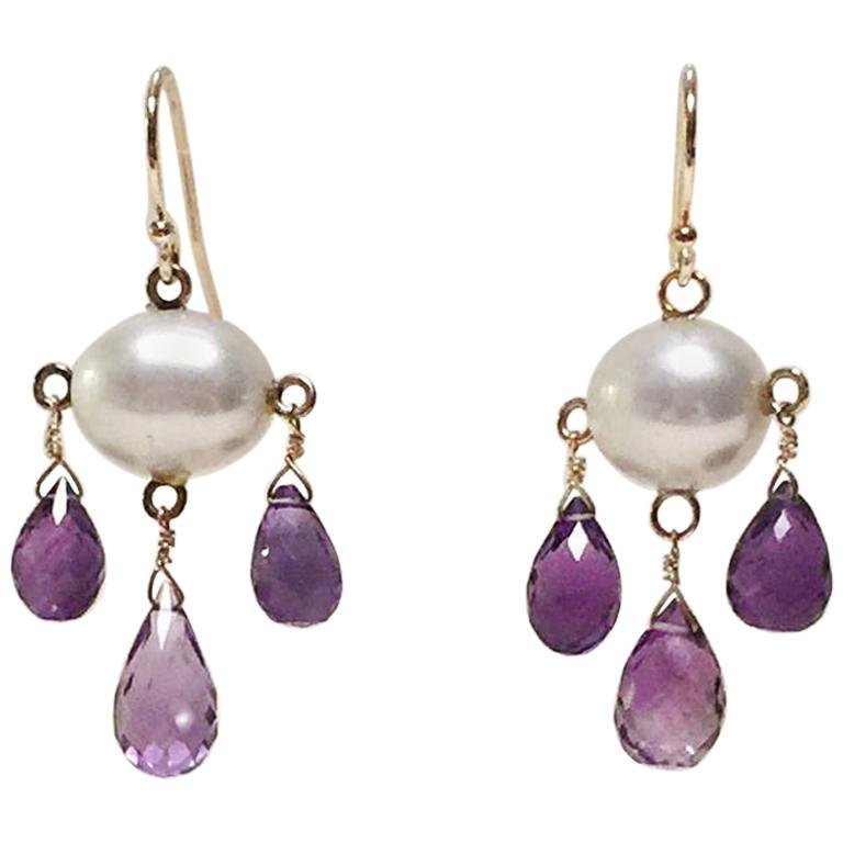 Pearl and Amethyst Drop Earrings with 14 K Yellow Gold