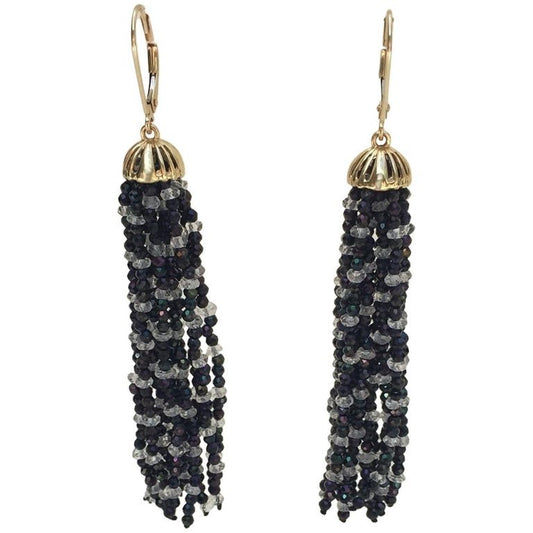 Black Spinel and White Topaz Tassel Earrings with 14 K Gold Lever Backs