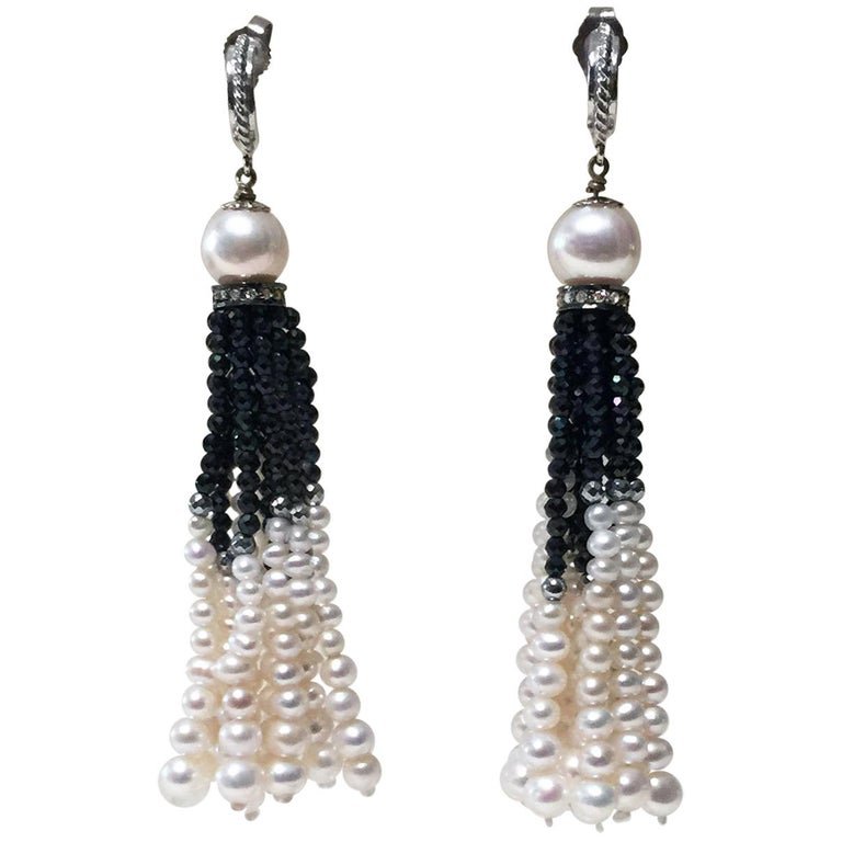 Black Spinel and White Pearl Tassel Earrings with 14 K White Gold
