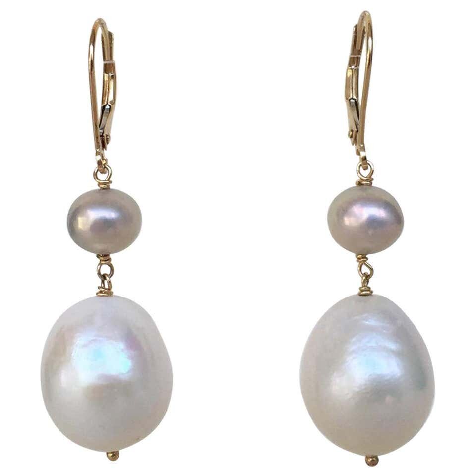 White and Grey Pearl Drop Earrings with 14 K Yellow Gold Lever Backs