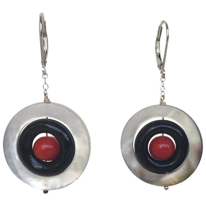 Mother of Pearl,Onyx and Red Coral Earrings with 14 K White Gold