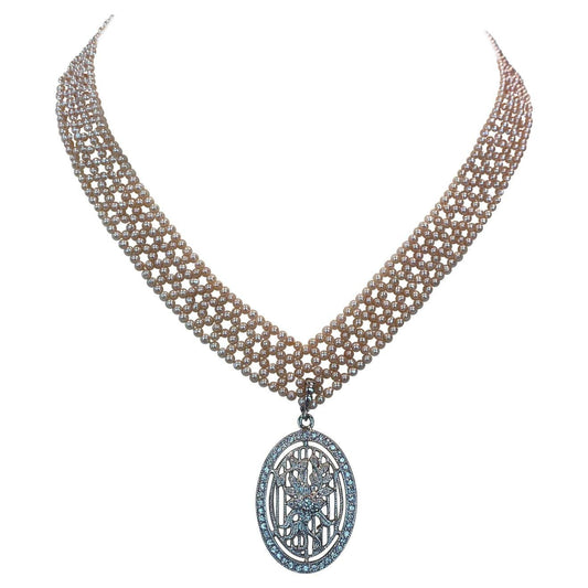 Woven Pink Pearl "V" Necklace with 14k White Gold-Plated Sliding Clasp