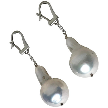 Dangle White Baroque Pearl Earrings with 14 K Gold Chain &Lever-Back