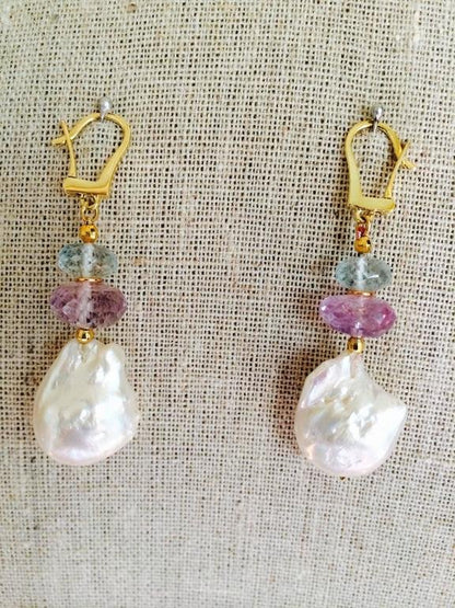 Aquamarine Amethyst Roundels with Baroque Pearl Earrings and Gold Hook