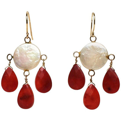 Coin Pearl and Coral Drop Earrings with 14k Yellow Gold
