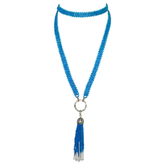 Woven Turquoise beads Sautoir with Pearls and tassel & 14K Yellow Gold
