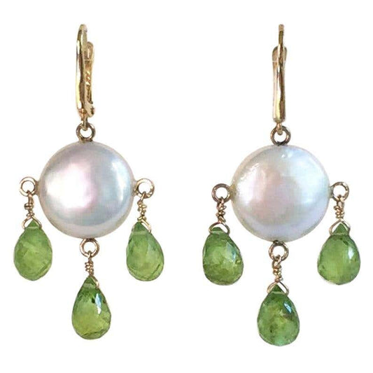 Flat Coin Pearl, Peridot & Solid 14k Yellow Gold Earrings