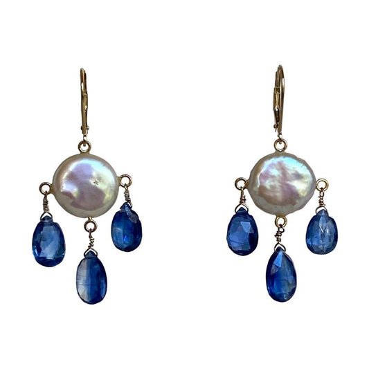 Flat Coin Pearl and Kyanite Drop Earrings with 14k Yellow Gold