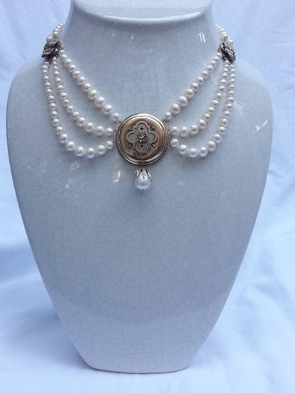 Graduated Pearl Necklace with Sapphire and Diamond 14k Gold Vintage Centerpiece