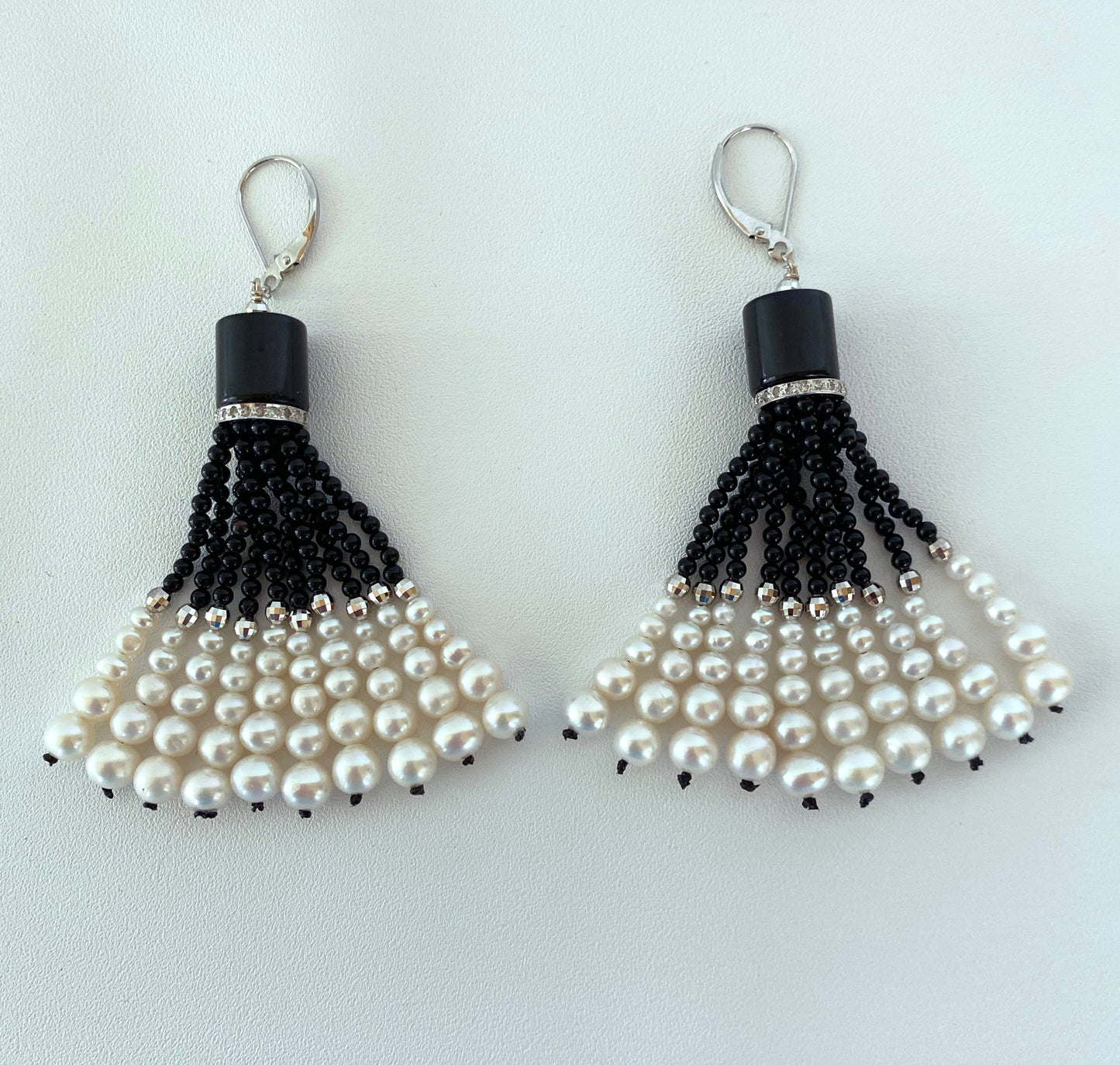 Graduated Black Onyx & Pearl Tassel Earrings 14K White Gold & Diamonds