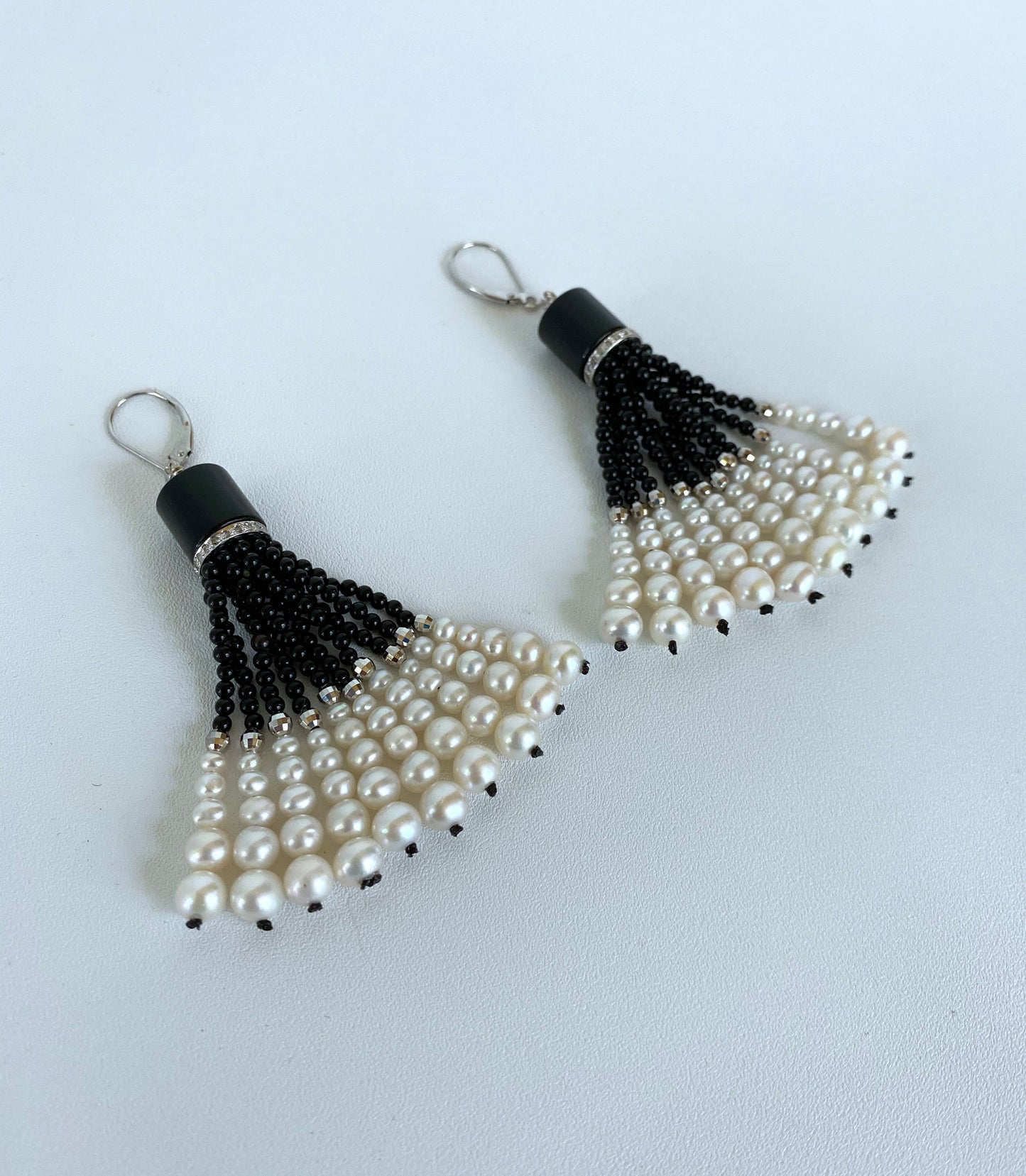 Graduated Black Onyx & Pearl Tassel Earrings 14K White Gold & Diamonds