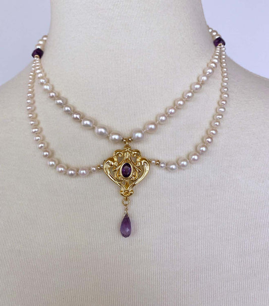 Graduated Pearl and Amethyst Necklace with 14K Yellow Gold
