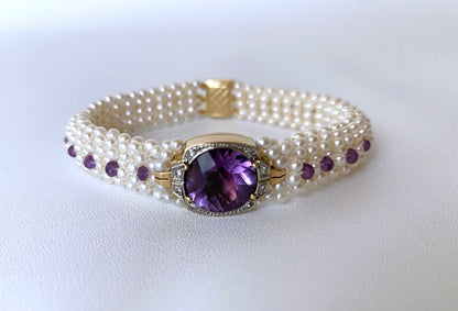 Pearl, Amethyst and Diamond Encrusted Bracelet with 14k Yellow Gold