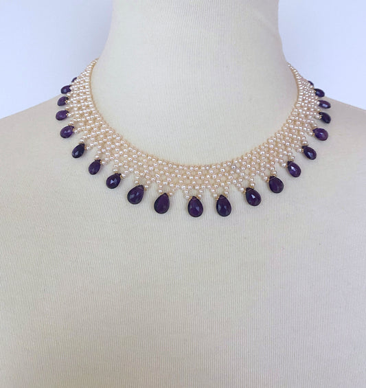 Woven Pearl Necklace with Amethyst Briolettes and 14K Yellow Gold