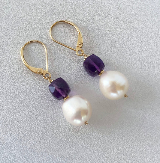 Pearl, Amethyst and 14k Yellow Gold Lever Back Earrings