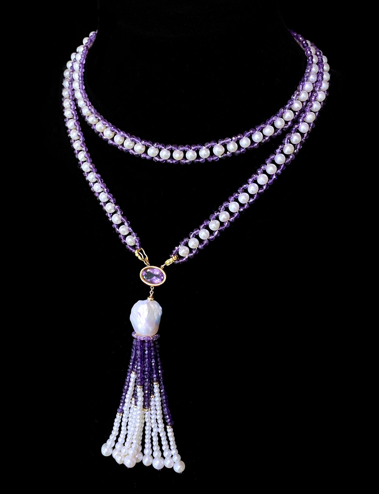 Pearl, Amethyst and 14k Yellow Gold Sautoir with Tassel